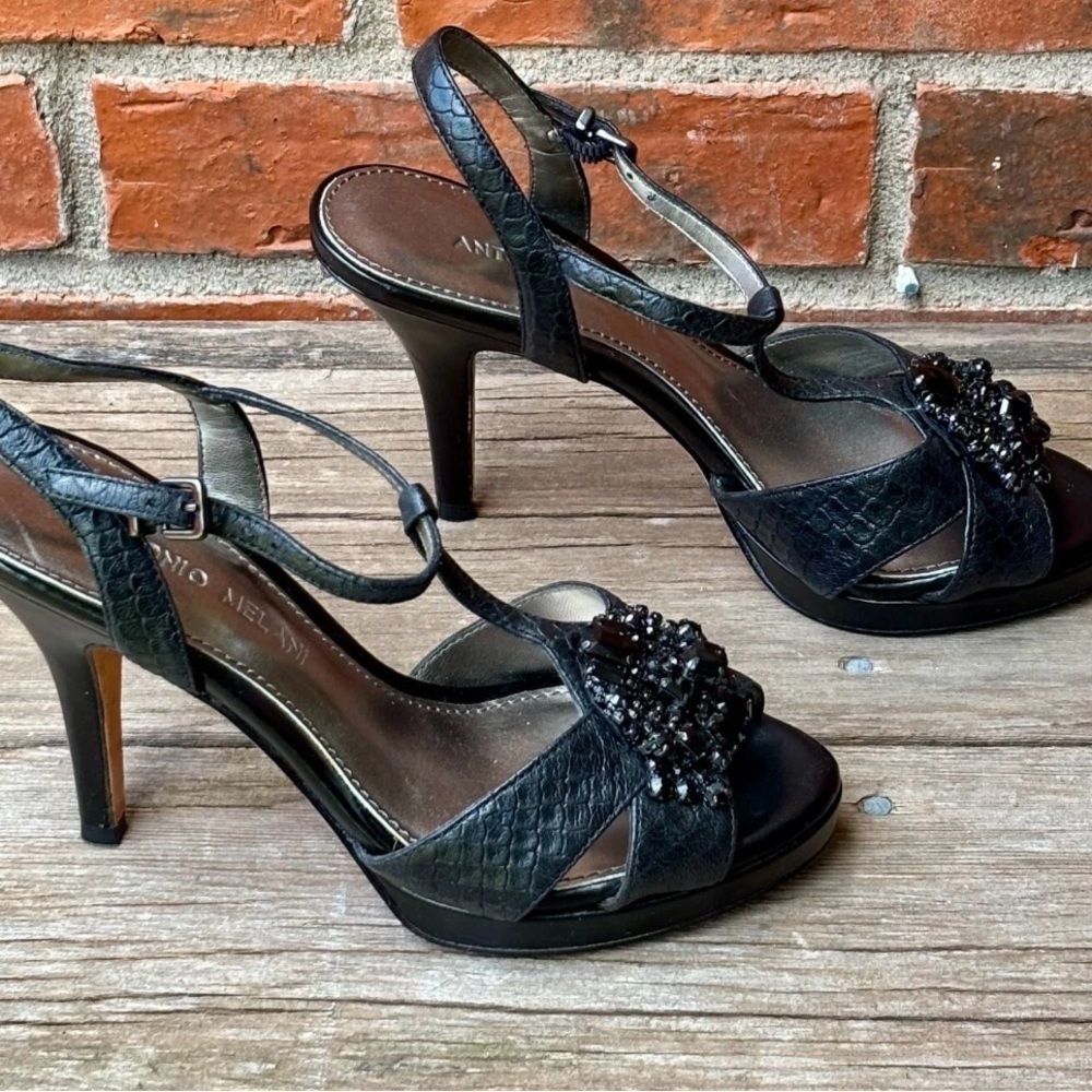 Antonio Melani Black Leather Embellished Beaded Heels Open Toe Sz 6.5M - Picture 4 of 11